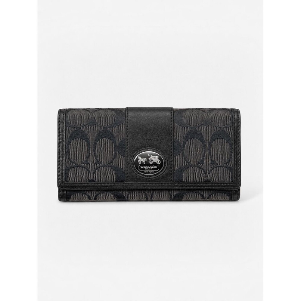 Coach Signature Jacquard Checkbook Wallet Black Canvas Leather Long Wallet Y2K